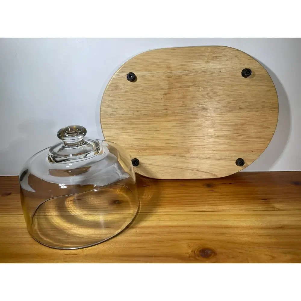 Vintage Teakwood Cheese Server with Glass Dome Marble Center